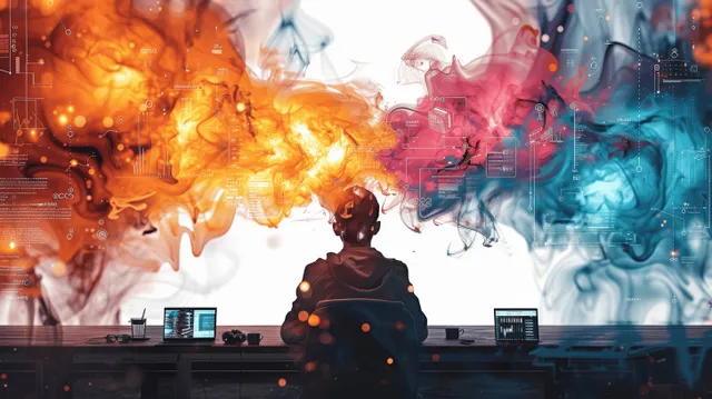 A cybersecurity analyst monitors AI security dashboards with glowing orange and blue threat streams in the background.
