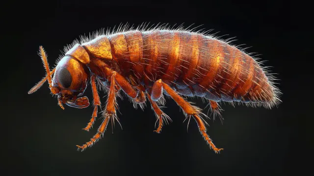 Macro close-up of a furry orange-brown insect with segmented body on black background