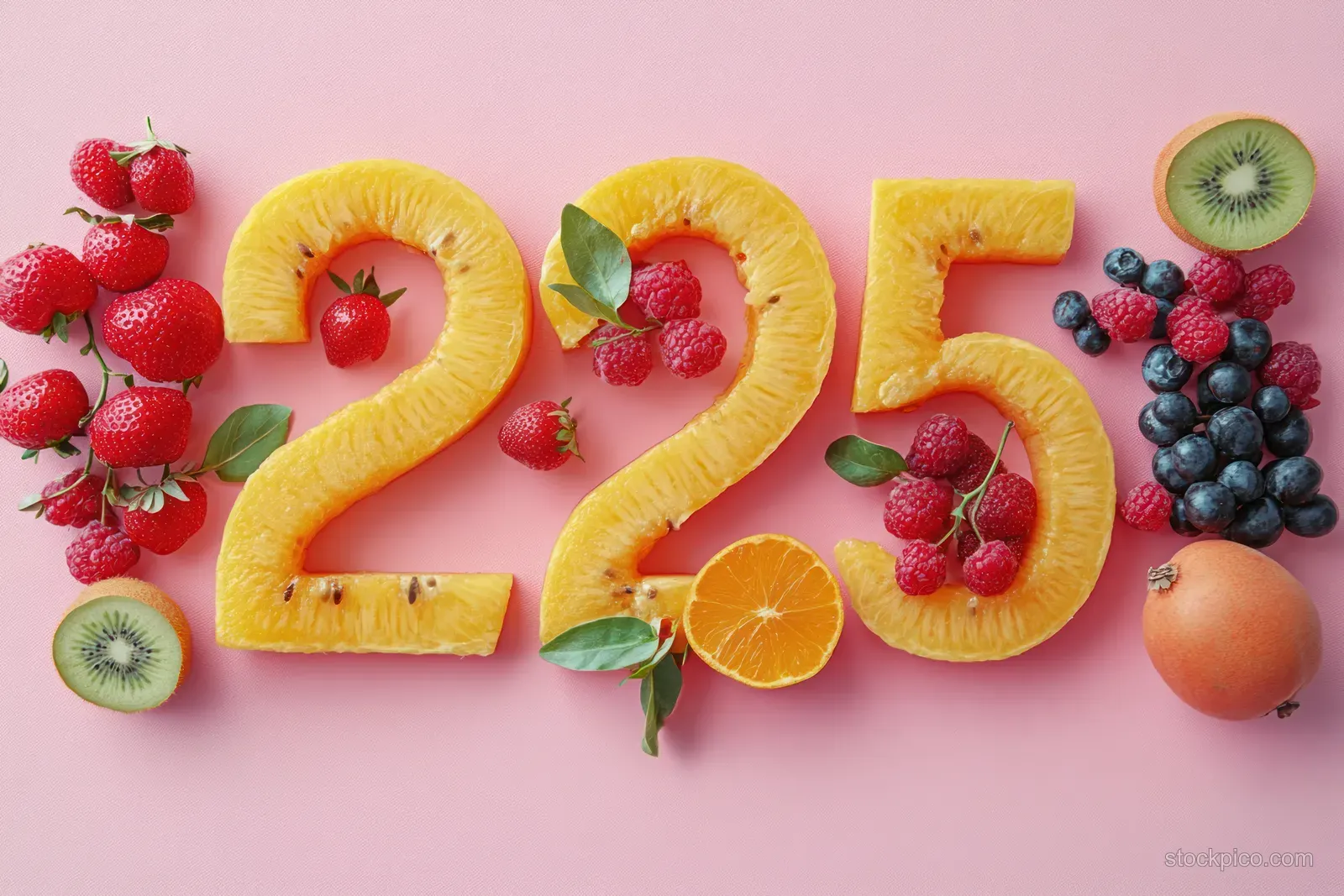 Fruits and vegetables arranged to spell 2025 on a pastel pink background.