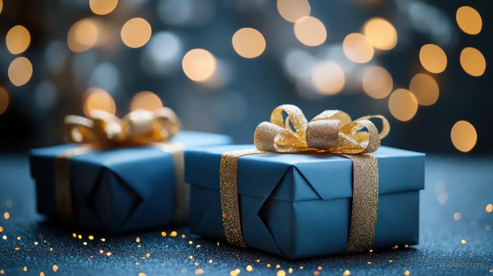 Blue Christmas gift boxes with gold ribbons on a snowy surface with glowing bokeh lights behind them.