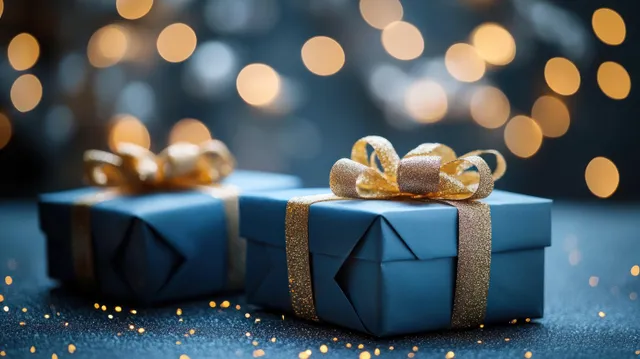 Blue Christmas gift boxes with gold ribbons on a snowy surface with glowing bokeh lights behind them.