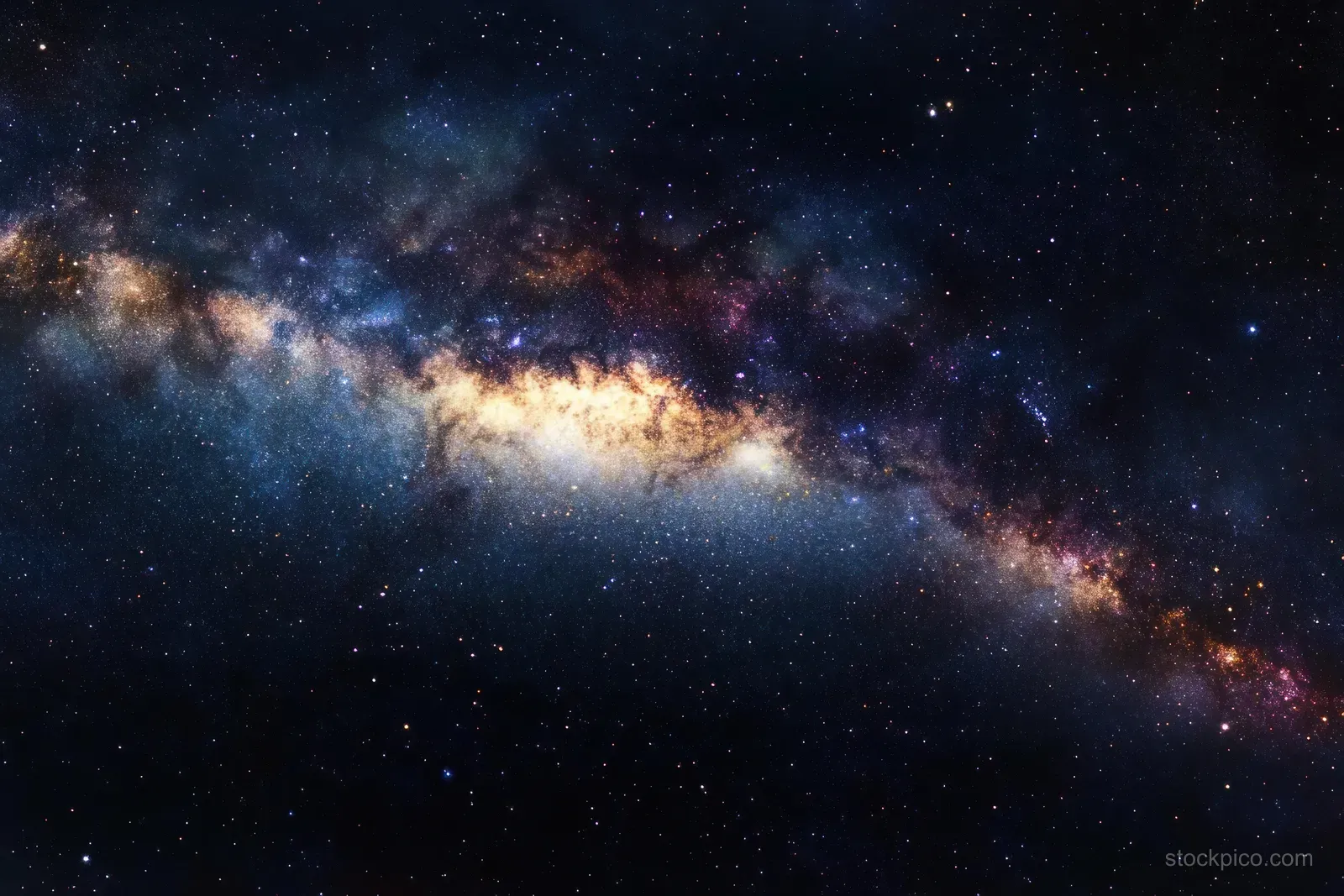 The Milky Way band shines through a dense star field with dark dust lanes and bright stellar clusters in deep space.