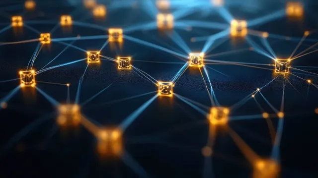 Glowing cubes connected by bright light beams form an abstract digital network over a dark grid.