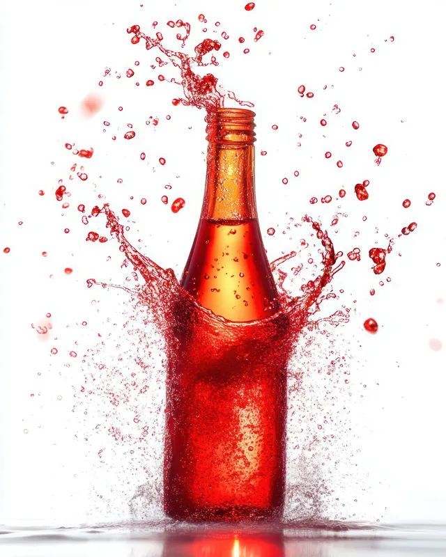 A red glass bottle with red liquid splashing upward on a white background.