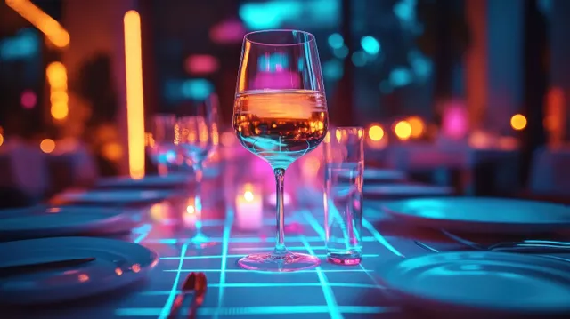A wine glass sits on a glowing grid-pattern table beside plates and cutlery under colorful blurred lights.