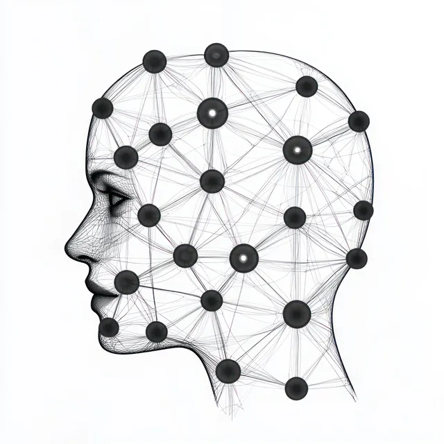 Side profile wireframe human head built from connected nodes and lines on a white background.