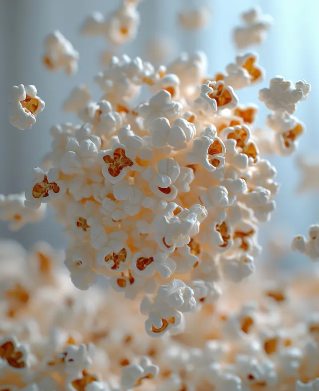 Fluffy popcorn kernels bursting through the air in slow motion against a white background
