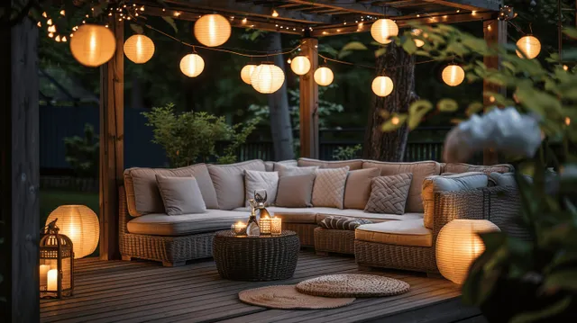 Wicker patio sofas with cushions sit on a wooden deck under glowing lanterns and hanging string lights.