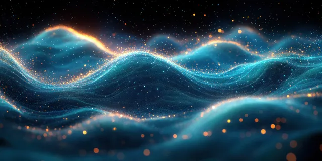 Neon blue and green particle wave flowing across a dark cosmic background