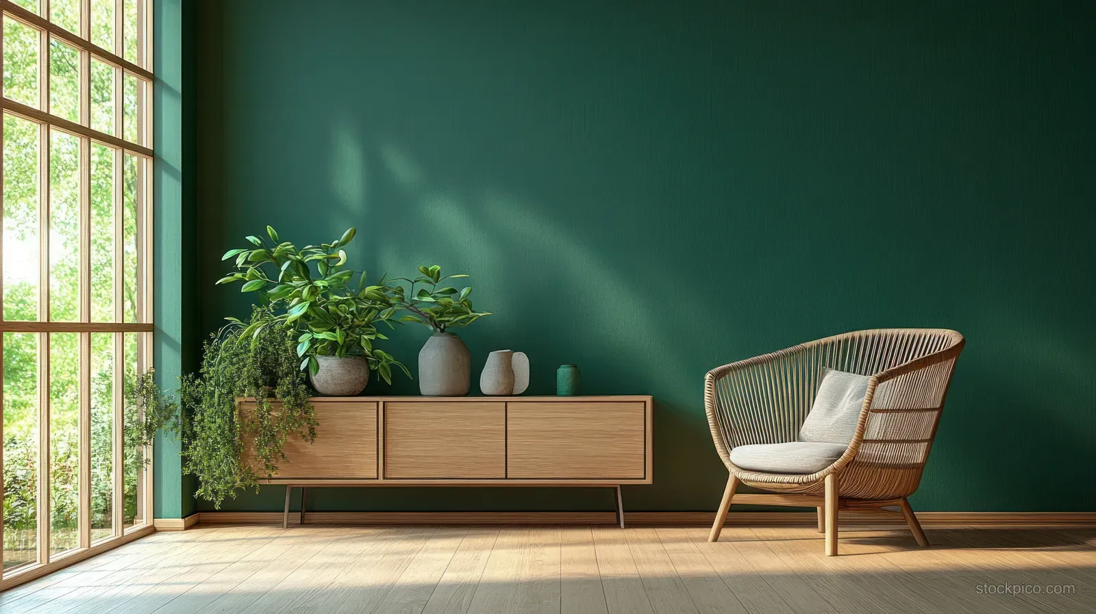 Wicker chair and wooden console against a dark green wall with sunlight streaming through a window.