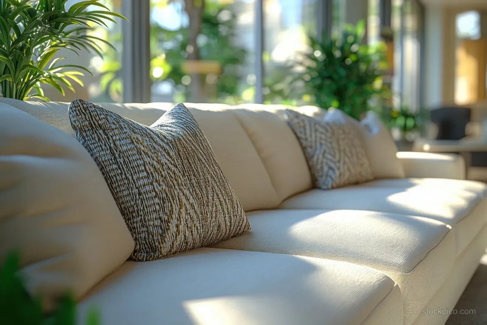 A cleaning nozzle extracts dirt from a beige sofa upholstery under bright natural light.