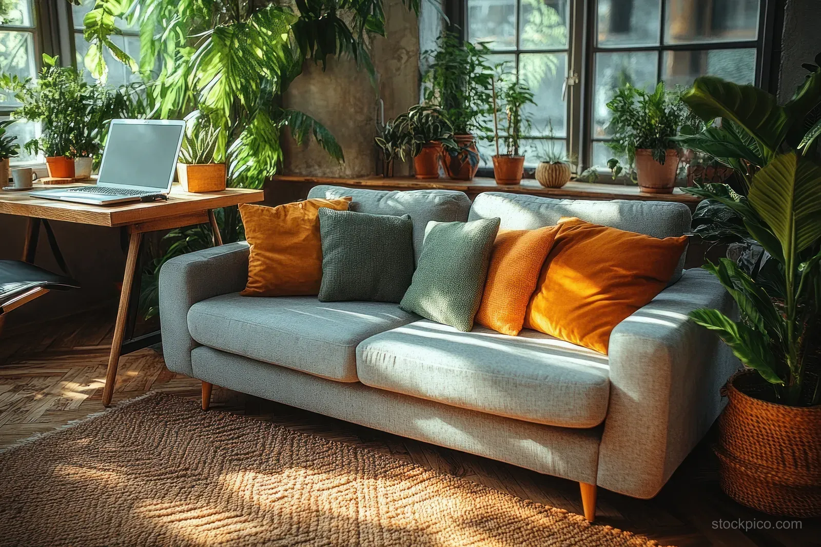 Living room with a home office desk, sofa, coffee cup, and many potted plants in warm light by big windows.