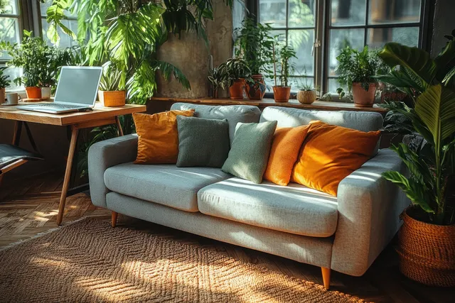 Living room with a home office desk, sofa, coffee cup, and many potted plants in warm light by big windows.