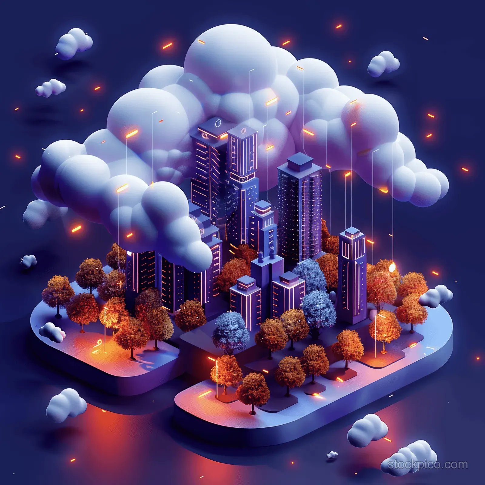 Isometric low-poly cloud city on a floating island with glowing server buildings and orange lights surrounded by clouds.