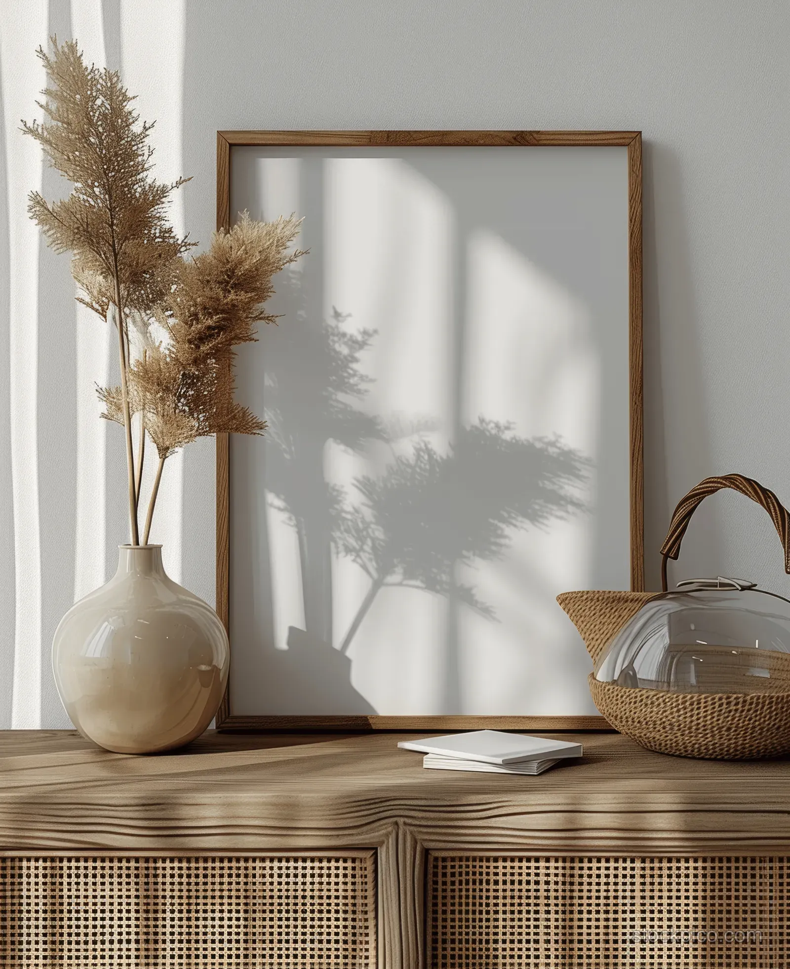 Blank poster in a wooden frame sits on a woven cabinet in a wabi-sabi inspired living room with sunlit shadows.