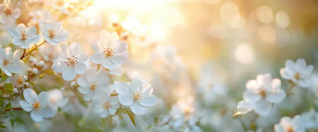 Cherry blossom branches in warm spring light with softly blurred bokeh flowers behind them.