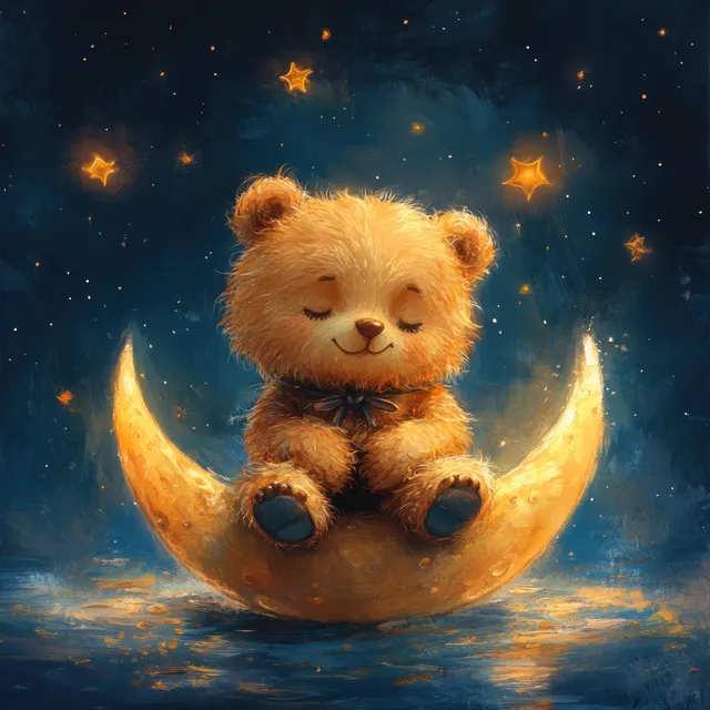 Cute bear hugging a glowing moon with stars in a dreamy watercolor night sky with Moon And Stars Theme