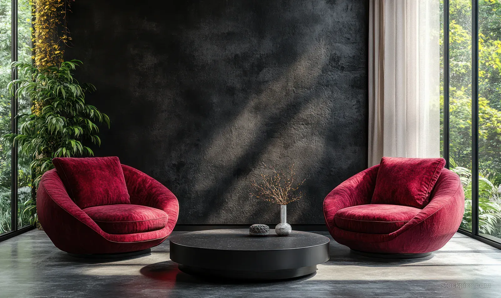 Two burgundy armchairs sit beside a matte black round coffee table in a sunlit minimalist living room.
