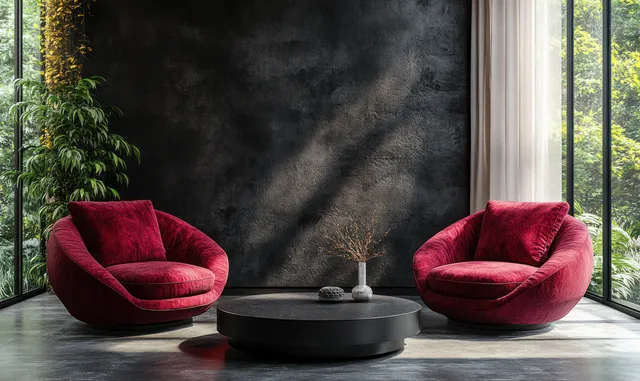 Two burgundy armchairs sit beside a matte black round coffee table in a sunlit minimalist living room.