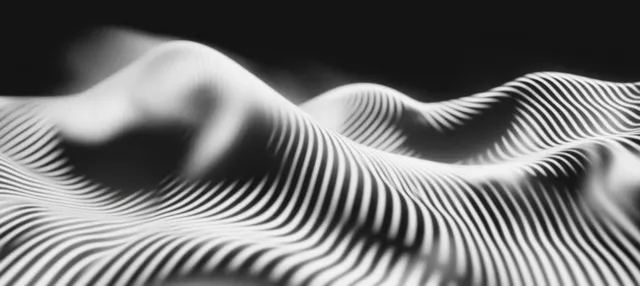 Black and white wave ribbon abstract with grunge texture and motion blur