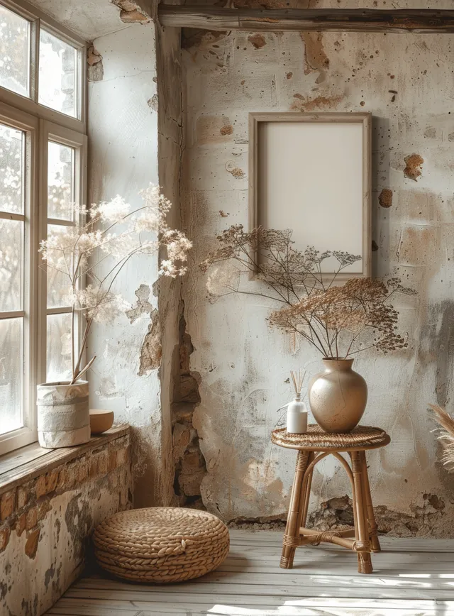 Boho living room corner featuring a blank picture frame, rustic shelf, rattan seating, and a bamboo side table.