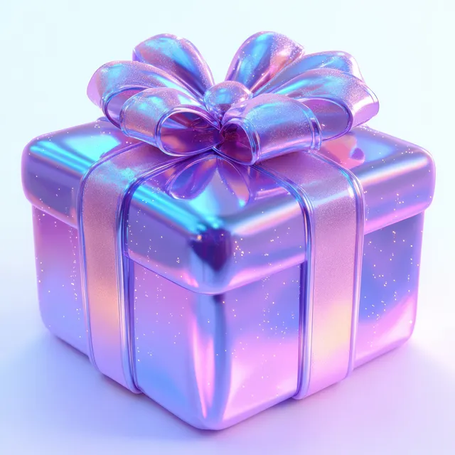 Iridescent purple and blue gift box with glitter ribbon and bow on white background