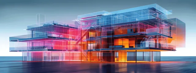 Futuristic transparent house render with symmetrical abstract design and holographic light bars over reflective glass.