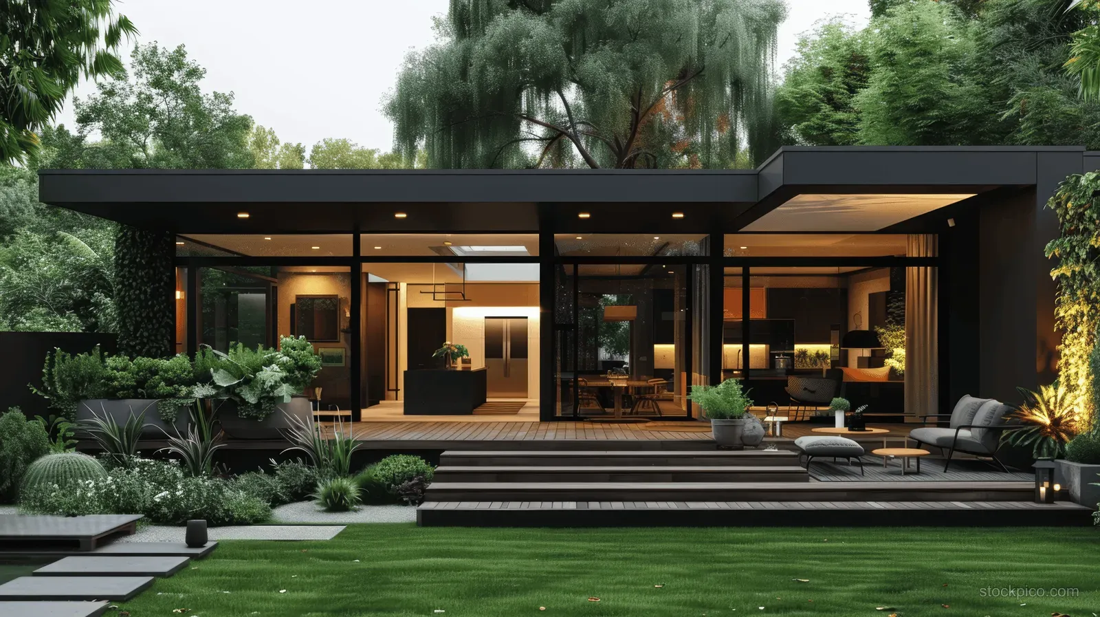 Black minimalist house front with open kitchen and dining behind glass doors and a wooden deck overlooking a green lawn.