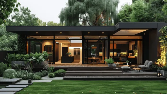 Black minimalist modern house showing open kitchen dining, wooden deck, and green backyard