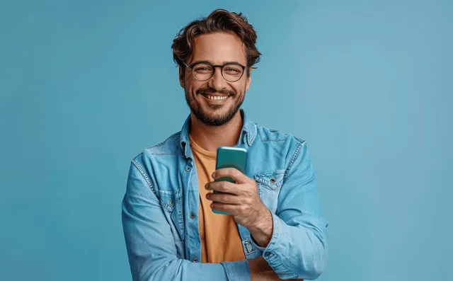 Smiling man in casual jacket holding smartphone, isolated against clean blue studio background