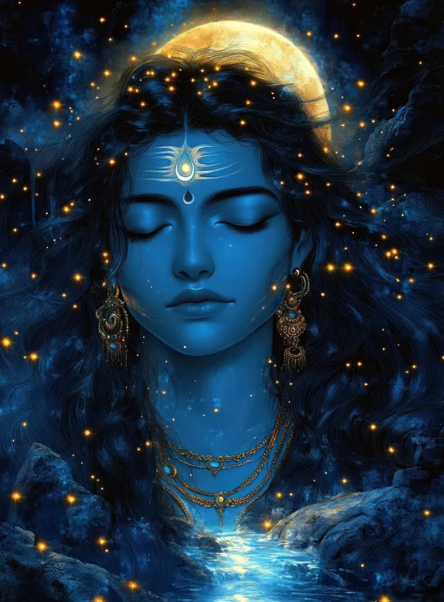 A blue-skinned meditating figure with closed eyes floats above a moonlit river with glowing golden lights.