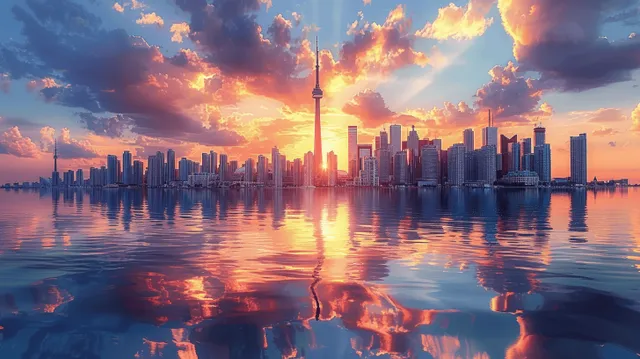 Toronto skyline at sunset with the CN Tower reflected across calm Lake Ontario waters.