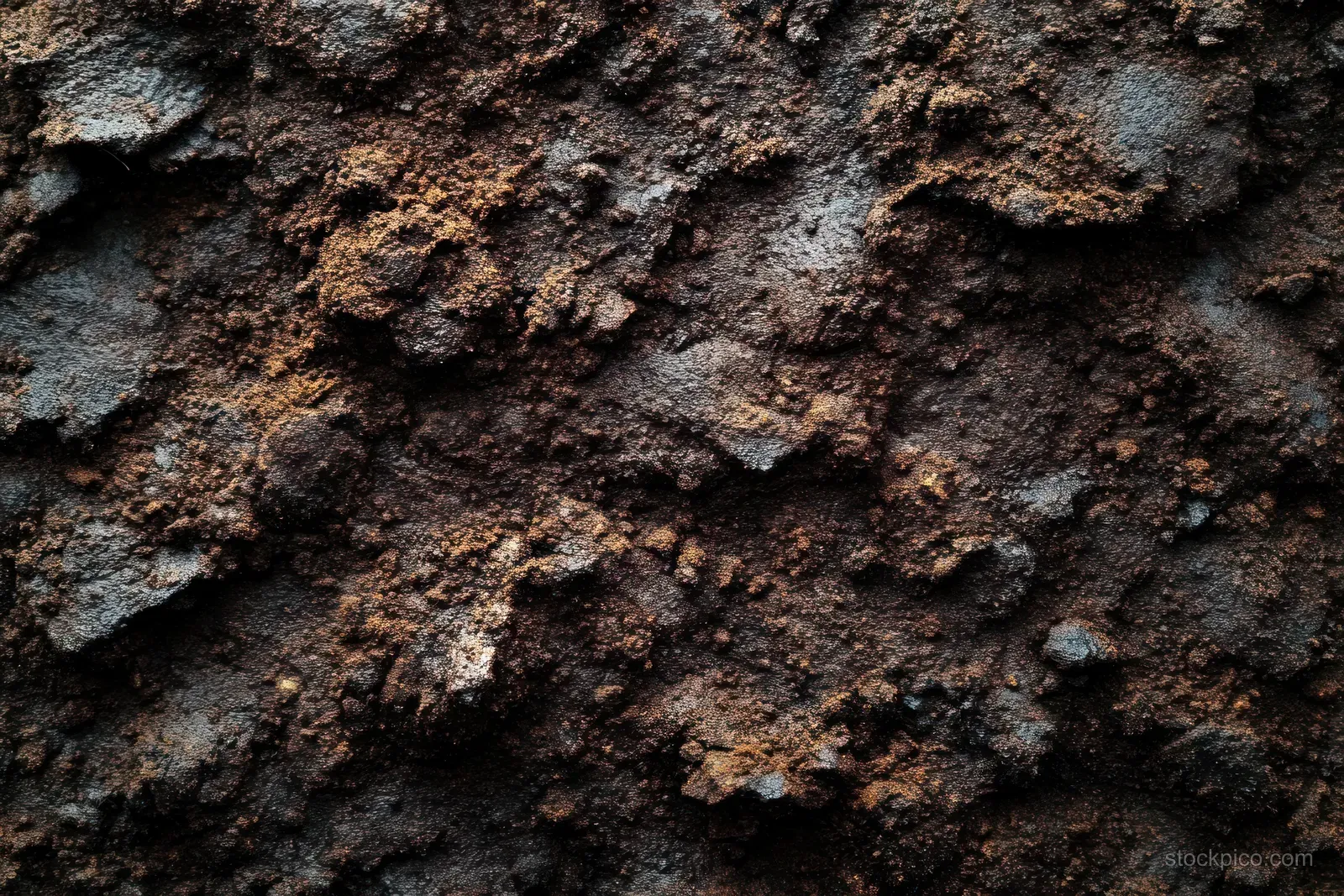 Close-up of rough dark soil with uneven granular clumps and weathered cracked crust.