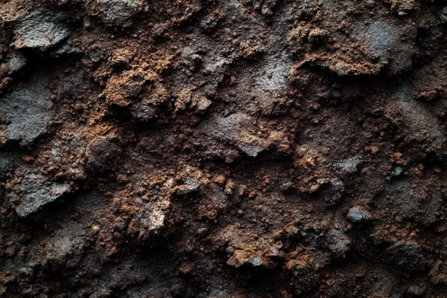 Close-up of rough dark soil ground with granular clumps and uneven crust texture