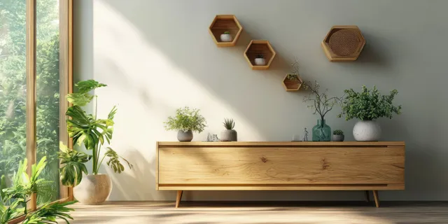 Sunlit Scandinavian wooden sideboard with potted plants and hanging geometric wall pieces on a white wall.