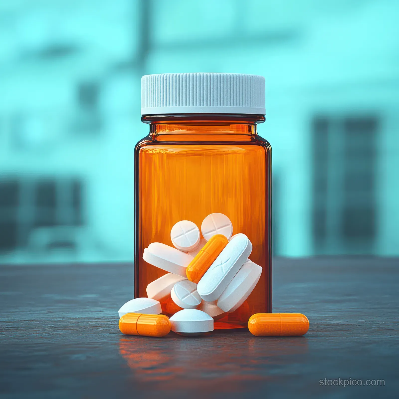 Amber pill bottle with scattered orange and white capsules on a wooden surface against a blurred blue background.