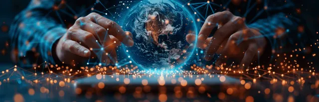 Hands typing on glowing cybersecurity console with virtual network sphere above server lights
