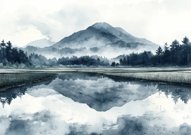 Mountain Rice Fields Reflecting Clouds in a Misty Countryside