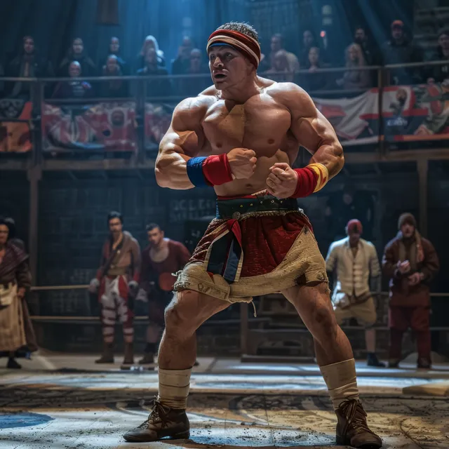 Historic Russian freestyle wrestling match in an ancient arena, grapplers in period costumes