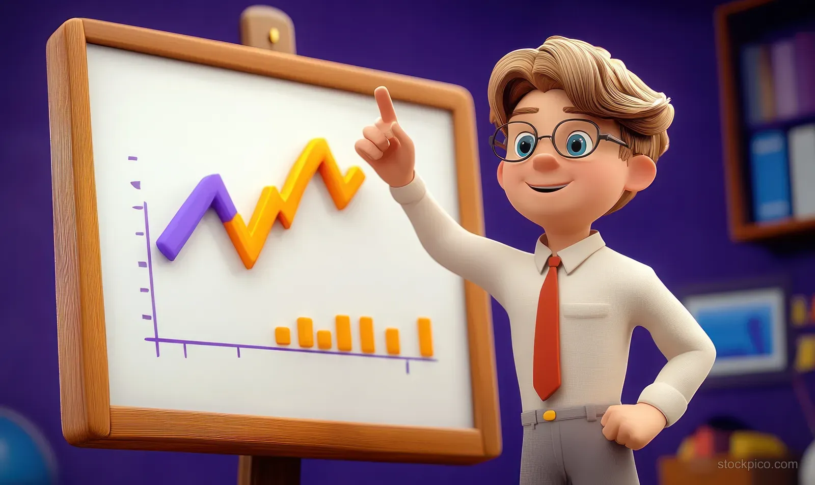 Animated young businessman in glasses and tie points at colorful line and bar charts on a wooden easel in an office.