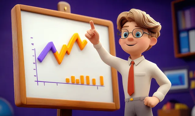 Animated young businessman in glasses and tie points at colorful line and bar charts on a wooden easel in an office.