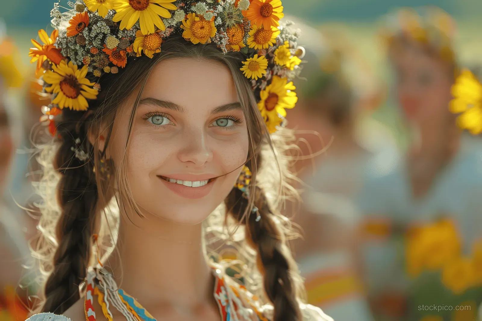 Ukrainian folk dancer with braided hair and a sunflower wreath smiles outdoors with a sunlit hayfield background.