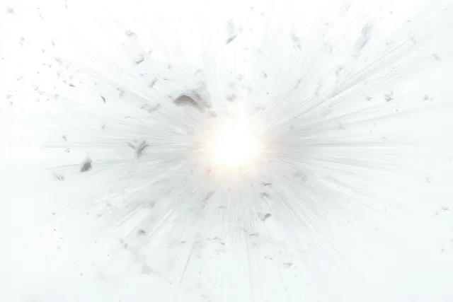 Centered white explosion with radiating light rays and scattered debris against a clean background.