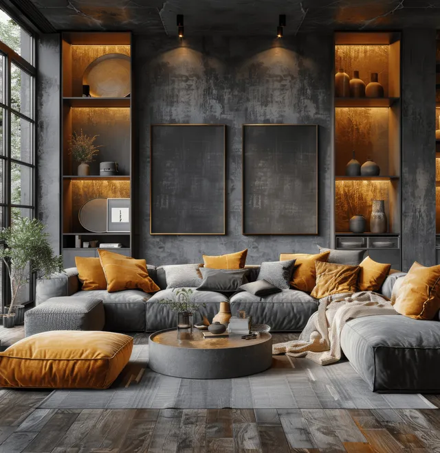 Tufted sofa in a modern living room with dark gray walls and blank poster frames under warm pendant lighting.