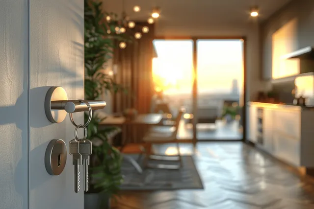 Keys hang from an open door handle inside a sunlit apartment with a large window in view.