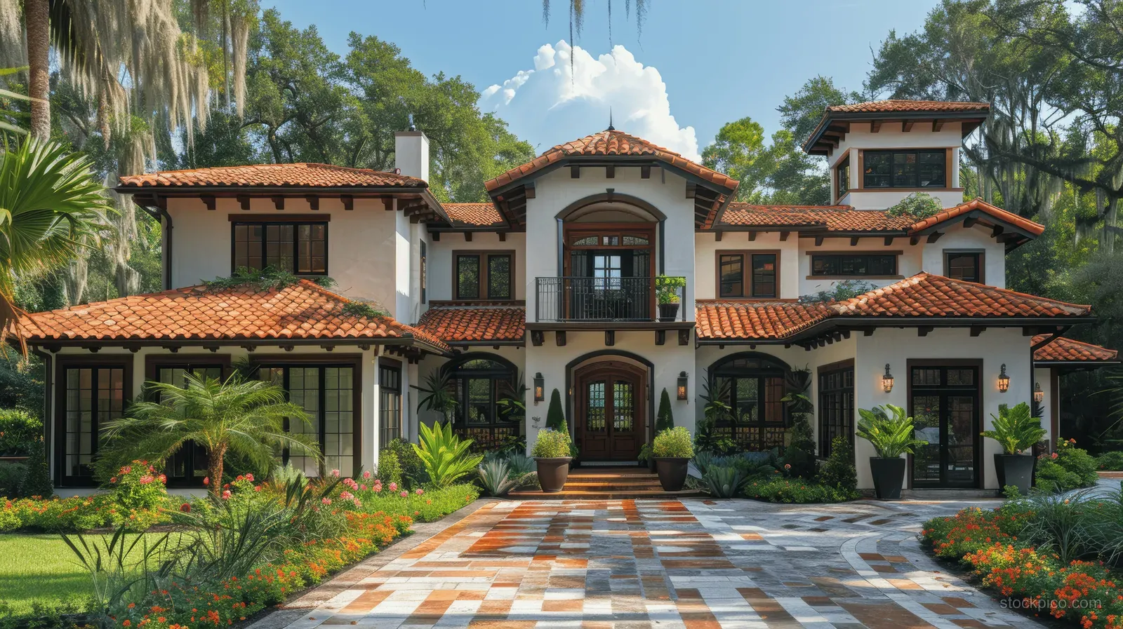 Front view of a Spanish Colonial house with white stucco, black windows, brown tile roof, and a paver driveway with trees.