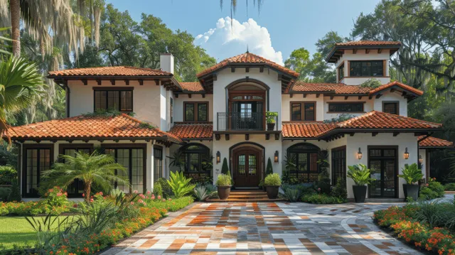 Modern Spanish Colonial house exterior with black windows and stucco walls under Florida summer sky