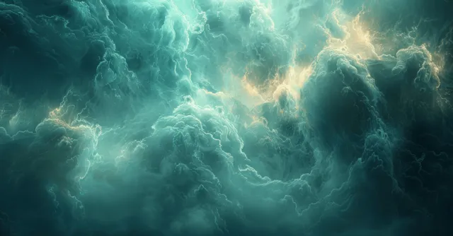 Swirling dark green and cyan smoke fills the frame with misty glowing rays and atmospheric light haze.