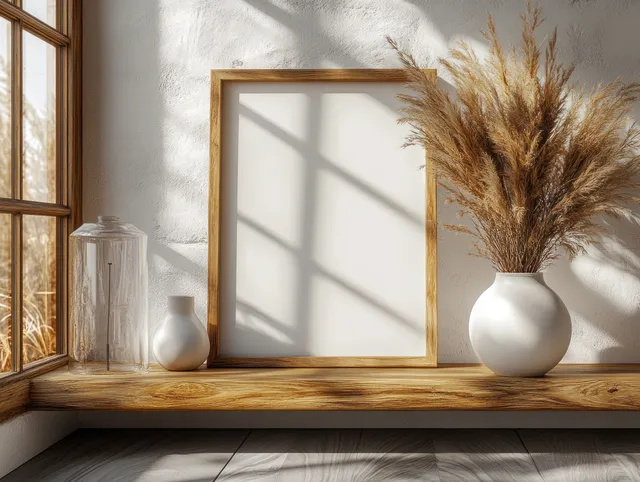 Empty wooden picture frame stands on a shelf with a lamp and a white vase of dried pampas grass in soft window light.