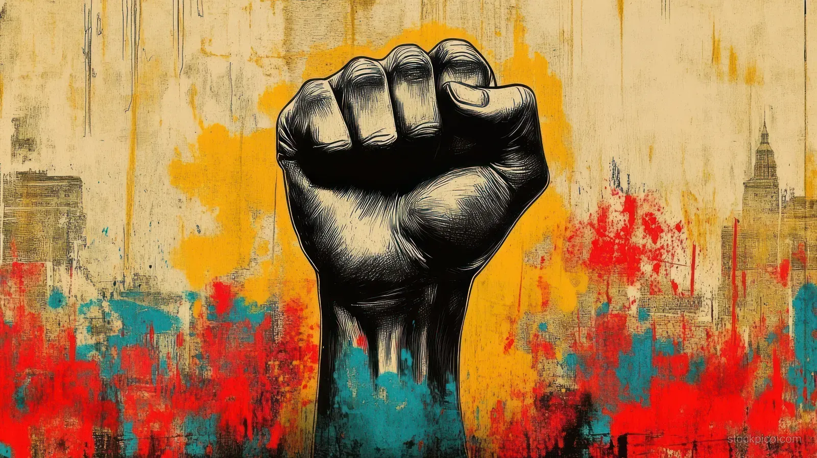 A black raised clenched fist in a street-art mural surrounded by red and teal paint splashes and distant city silhouettes.